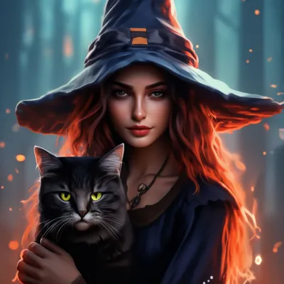 Очень красивая ведьма с котом, …» — создано в Шедевруме