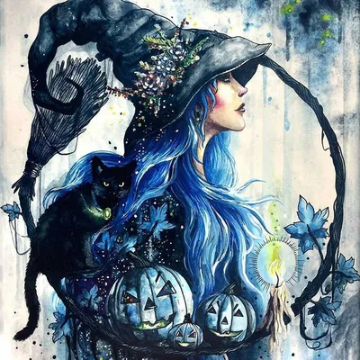 Ведьма с рунами и котом в листьях…» — создано в Шедевруме