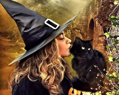 Ведьма с котом на метле в окружении летучих мышей | Halloween silhouettes,  Witch silhouette, Halloween painting