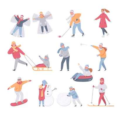 Зимові види спорту дозвілля мультфільм набір 210120309 Векторні ілюстрації  концепції