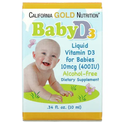 California Gold Nutrition, жидкий витамин D3 для детей, 10 мкг (400 МЕ), 10  мл (0,34