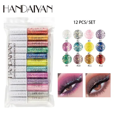 Глиттерная подводка для глаз Handaiyan Crystal Diamond eyeliner set -  «Целых 12 глиттерных подводок всех цветов радуги на все случаи макияжа)))»  | отзывы