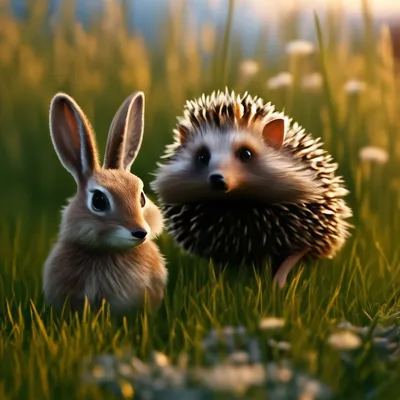 Ёжик и заяц на траве» — создано в Шедевруме