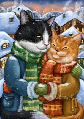 Картина с изображением двух кошек в лыжах и синей куртке. | Премиум Фото