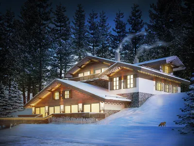 Зимний дом в сосновом лесу - Работа из галереи 3D Моделей