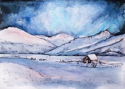 Зимовий пейзаж - Изобразительное искусство - Акварель, гуашь